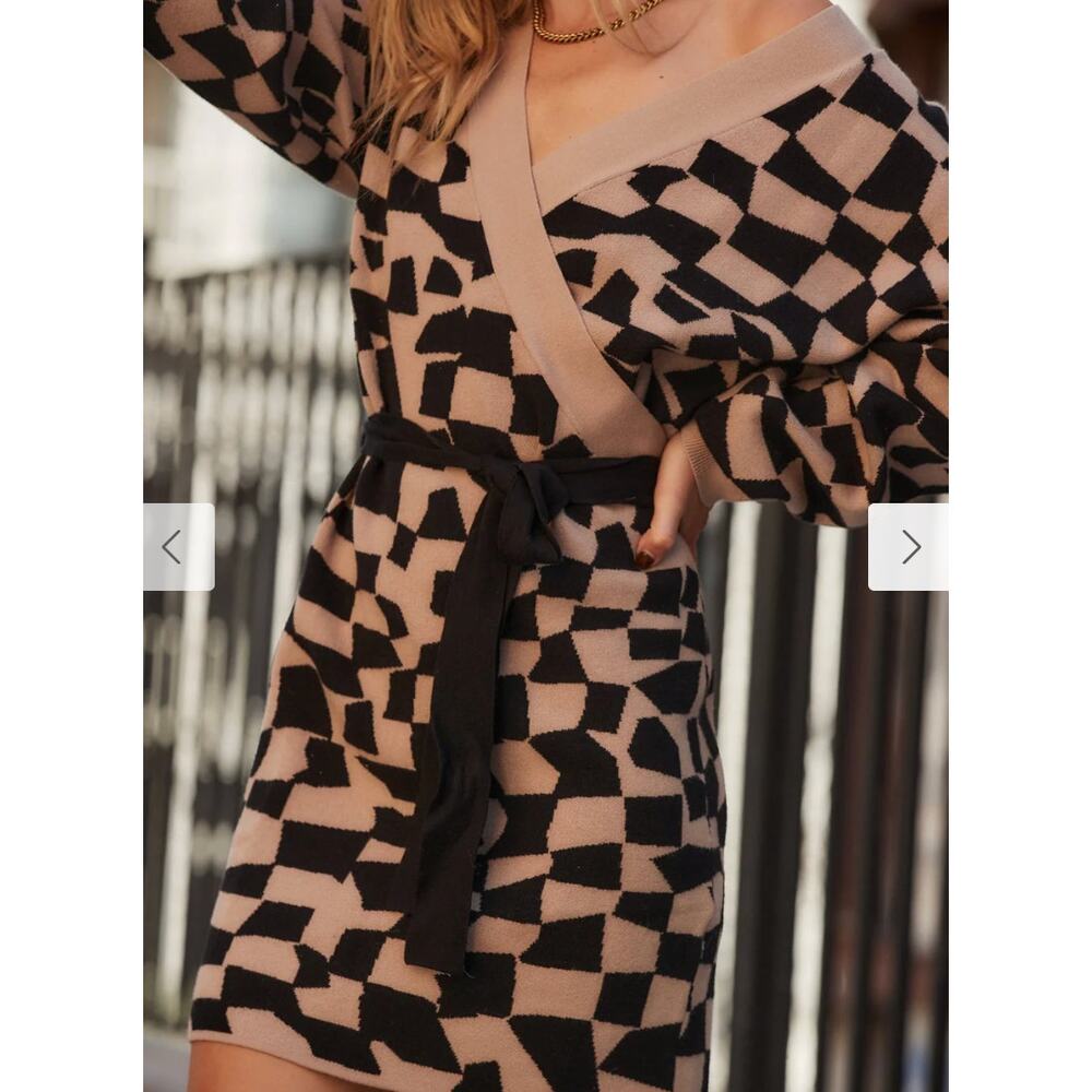 Heather Black & Tan Printed Sweater Mini Dress S/M - Picture 5 of 7